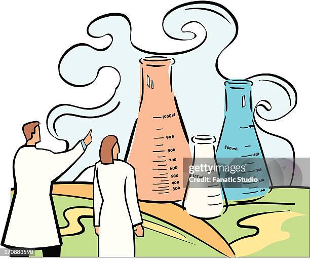 scientist pointing forward to beaker with a female scientist standing - two scientists stock illustrations