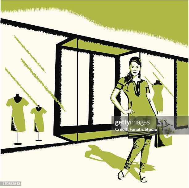 woman standing in front of a showroom - keeping in touch clip art stock-grafiken, -clipart, -cartoons und -symbole