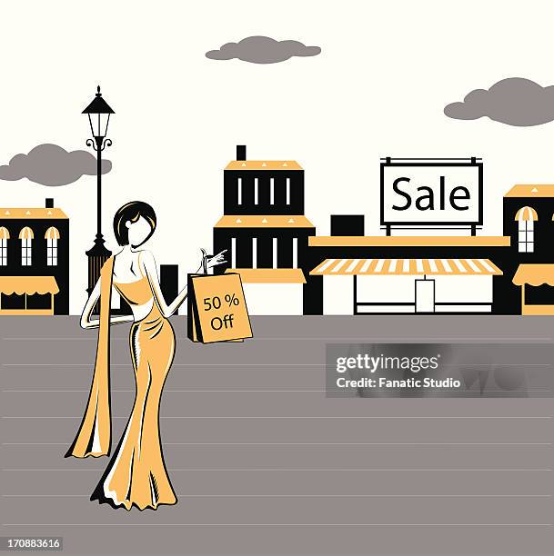 woman standing in front of a store - fashion avenue stock illustrations