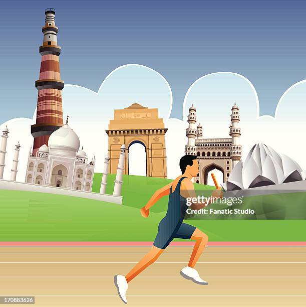 man running on a racing track with historical buildings in the background - delhi stock illustrations