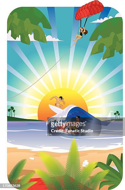 tourists enjoying at vacation - parascending stock illustrations