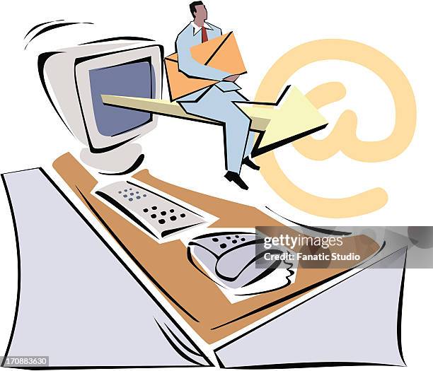 man sitting on an arrow coming from computer monitor and holding email - 電子手帳 幅插畫檔、美工圖案、卡通及圖標