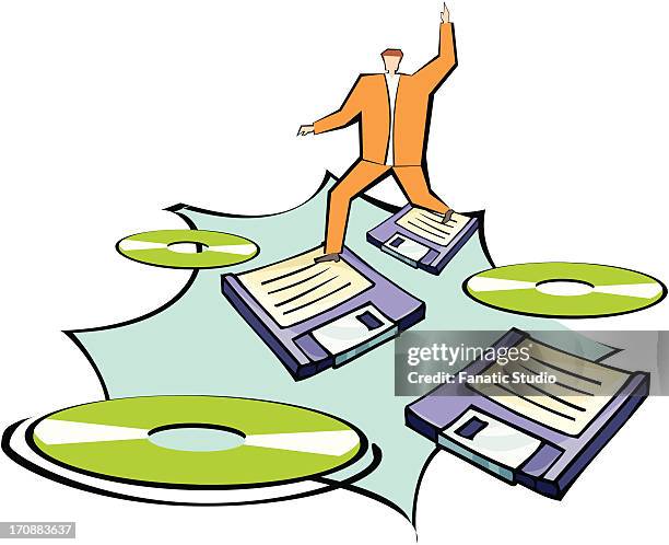 businessman walking on a floppy disk - links in the chain of human evolution stock illustrations