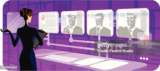 business executives video conferencing in office - watching computer from behind stock illustrations