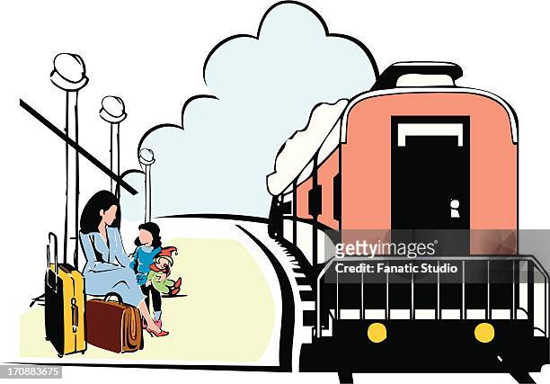mother with her daughter waiting for a train on a platform - underground station platform stock illustrations