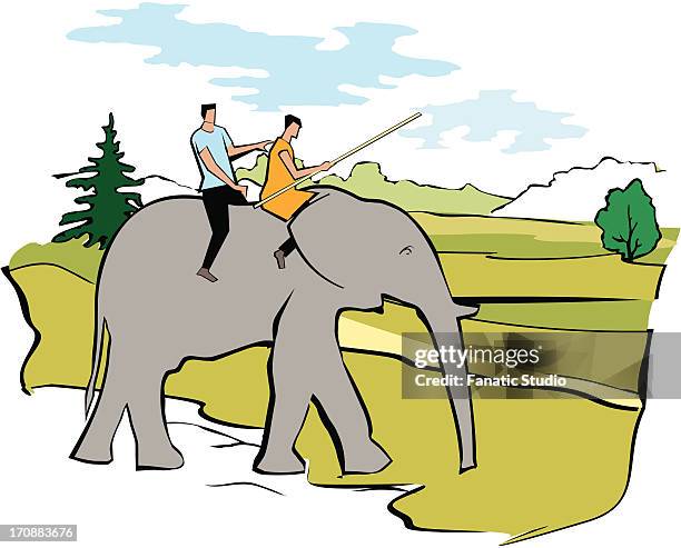 tourist riding an elephant in the forest - elephant carrying timber点のイラスト素材／クリップアート素材／マンガ素材／アイコン素材