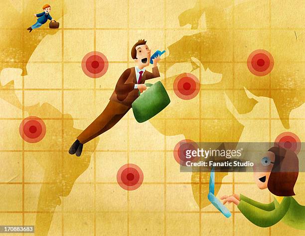 businessman in contact with his colleagues while on world tour - organisieren stock illustrations