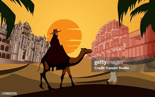 illustrations, cliparts, dessins animés et icônes de tourist riding a camel in front a palace, hawa mahal, jaipur, rajasthan, india - voyageur homme devant monument