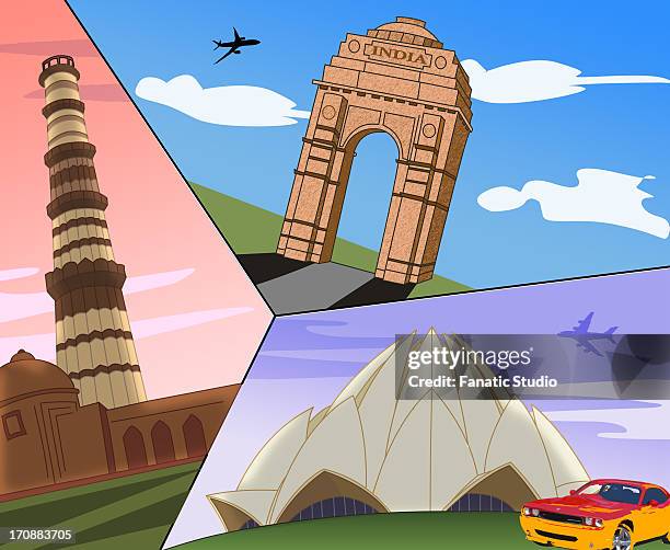 montage of landmarks, india gate, qutub minar, lotus temple, new delhi, india - lotustempel neu delhi stock-grafiken, -clipart, -cartoons und -symbole