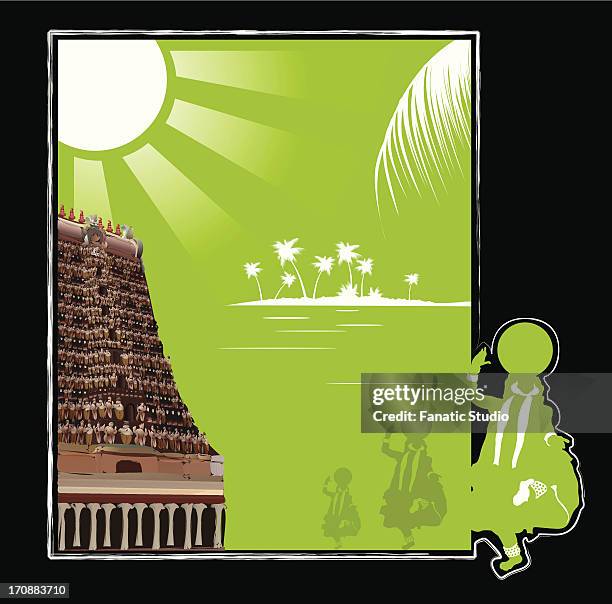 kathakali dancers in front of a temple, sri meenakshi hindu temple, madurai, tamil nadu, india - sri meenakshi hindu temple stock illustrations