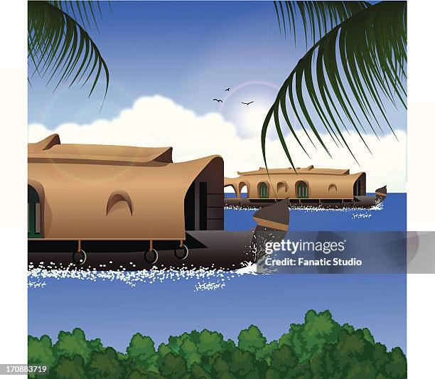 houseboats in a lake, kerala backwaters, kerala, india - kerala backwaters stock illustrations