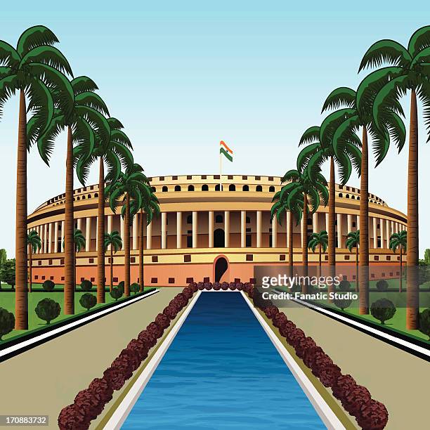 ilustraciones, imágenes clip art, dibujos animados e iconos de stock de pond in front of a government building, sansad bhawan, new delhi, india - parliament building