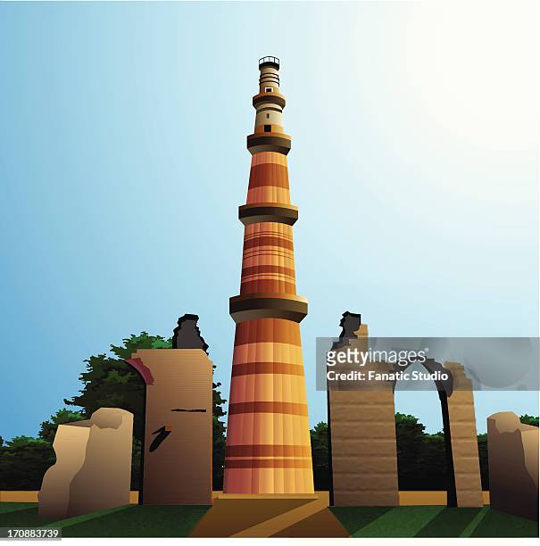 low angle view of a monument, qutub minar, new delhi, india - qutab minar stock illustrations