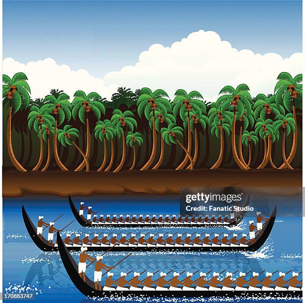 ilustraciones, imágenes clip art, dibujos animados e iconos de stock de snake boat racing in onam festival, kerala, india - kerala snake boat