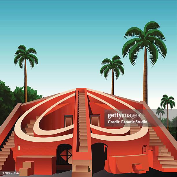 palm trees around a sun dial, jantar mantar, new delhi, india - jantar mantar stock illustrations