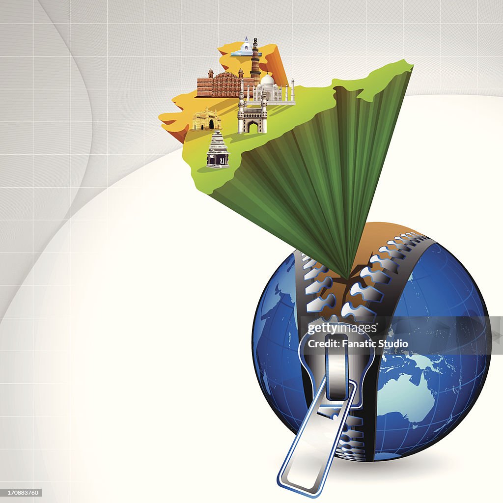 Indian map with montage of landmarks emerging from globe