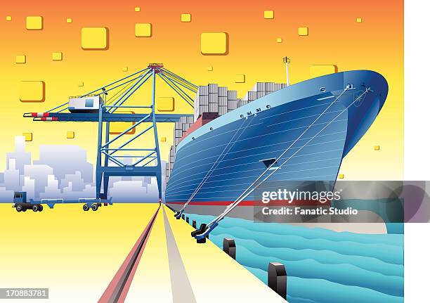 cargo ship at a dock - docklands studio stock illustrations