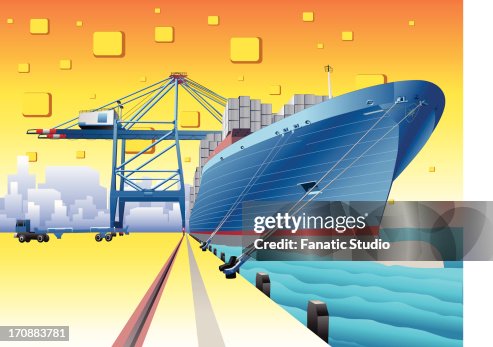 Cargo ship at a dock Cargo ship at a dock
