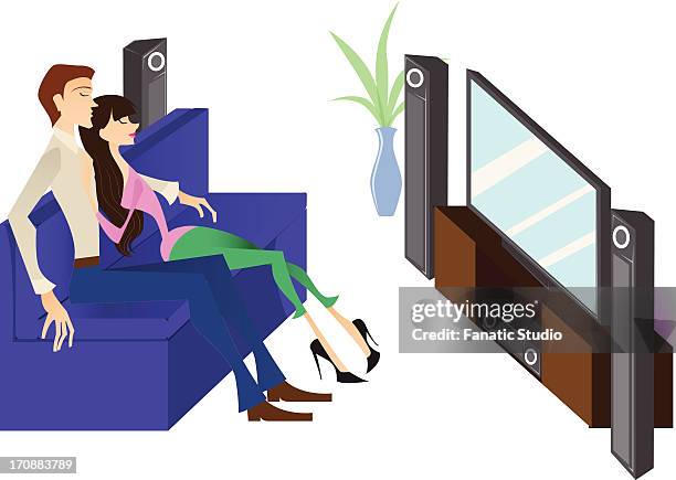 stockillustraties, clipart, cartoons en iconen met couple watching television - watching television