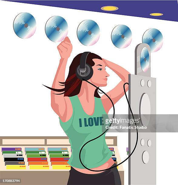 ilustraciones, imágenes clip art, dibujos animados e iconos de stock de woman choosing cds in a music store - deuvedé