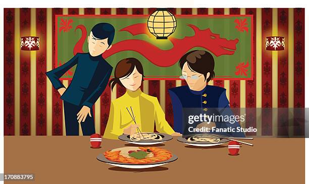 ilustrações de stock, clip art, desenhos animados e ícones de waiter serving a couple in a chinese restaurant - family lunch