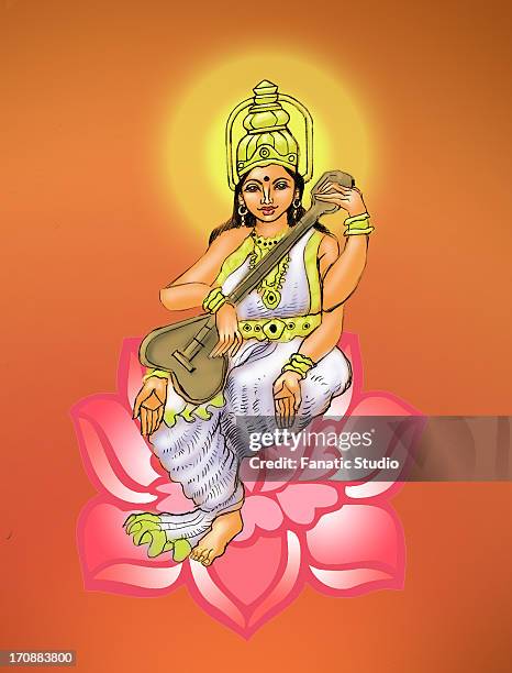 hindu goddess saraswati - sitar stock illustrations