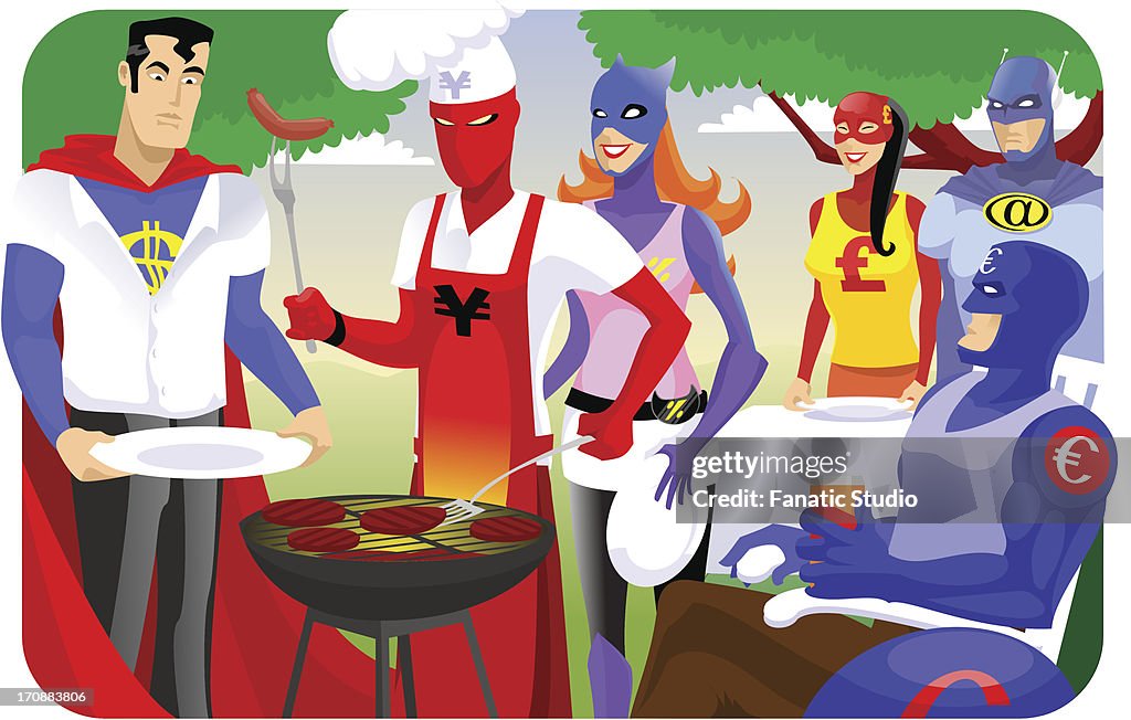 Super heroes in a barbecue party