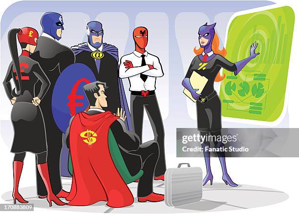 stockillustraties, clipart, cartoons en iconen met superwoman giving presentation in a conference room - superwoman
