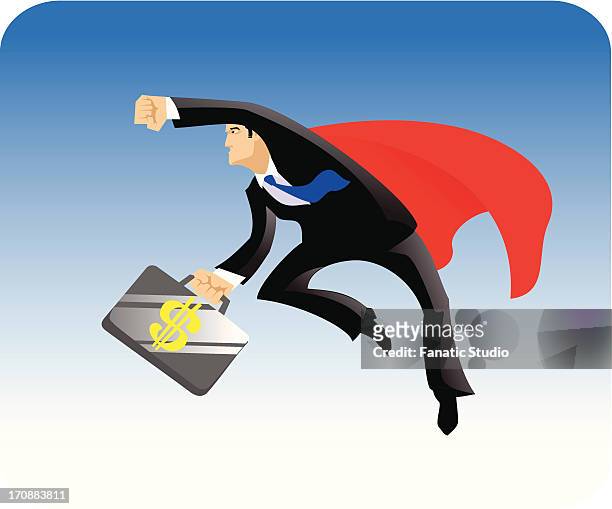 superhero flying with a briefcase of dollar sign - spurs stock illustrations