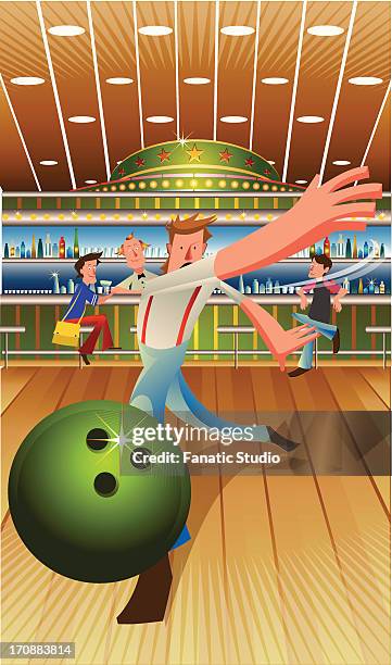 man playing ten pin bowling - man throwing ball stock illustrations