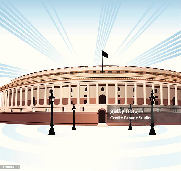 facade of a government building, sansad bhawan, new delhi, india - new delhi stock illustrations