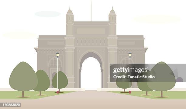 bildbanksillustrationer, clip art samt tecknat material och ikoner med trees in front of a monument, gateway of india, mumbai, maharashtra, india - gateway to india