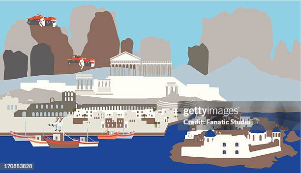 illustration showing top tourist attractions in greece - santorini 幅插畫檔、美工圖案、卡通及圖標