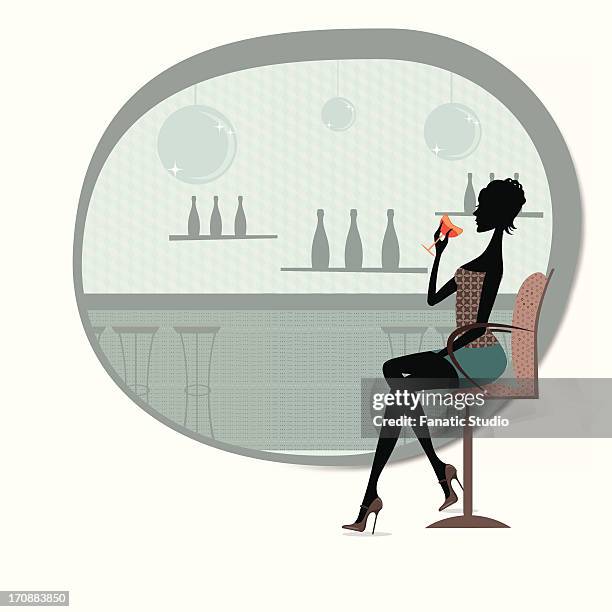 woman drinking cocktail in a bar - bar drink establishment stock-grafiken, -clipart, -cartoons und -symbole