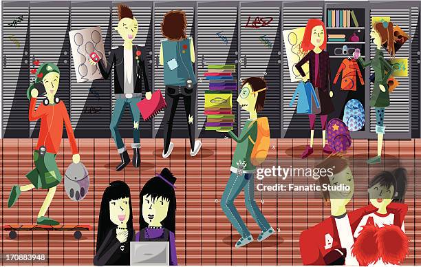 university students engaged in different activities - school locker stock illustrations