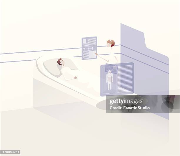 female nurse examining heartbeats of a patient on virtual screen - patient lying on back stock illustrations