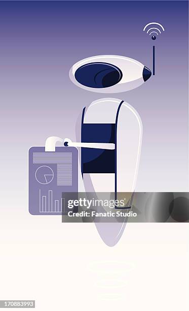 robot holding a report - futuristic interior stock illustrations