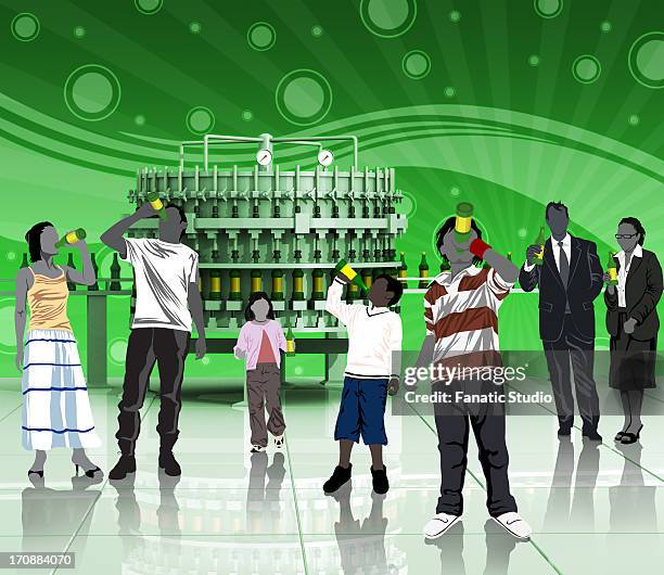people drinking soft drinks in a bottling plant - bottling plant worker stock illustrations
