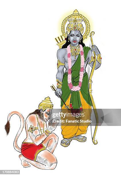 lord hanuman bowing to lord rama - hindu segenszeichen stock-grafiken, -clipart, -cartoons und -symbole
