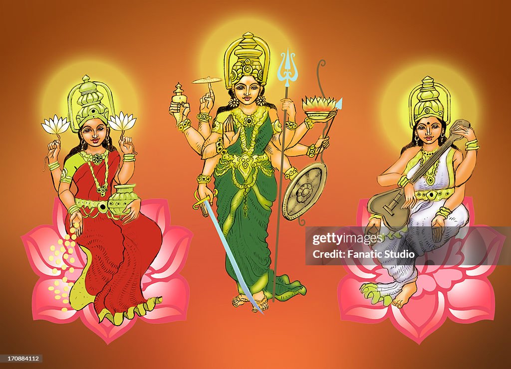 Goddess Durga With Goddess Lakshmi And Goddess Saraswati High-Res Vector  Graphic - Getty Images