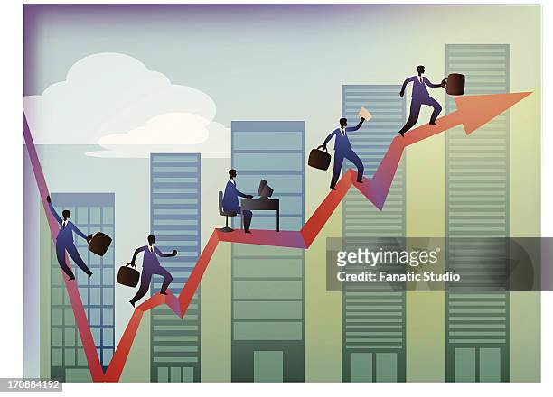 business executives moving up on a line graph - five people stock illustrations