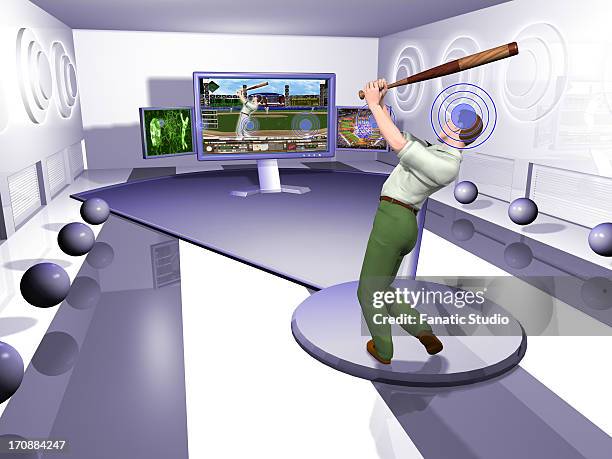man playing baseball game online - touching virtual screen stock illustrations