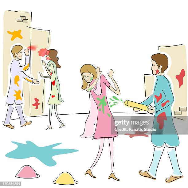 two couples celebrating holi - ceremonial make up stock illustrations