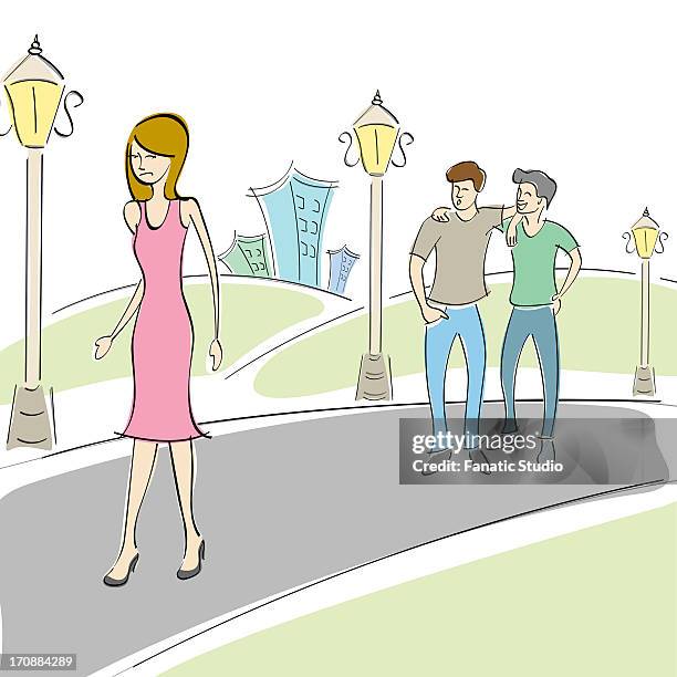 two men whistling behind a passing by woman in the street - sexual harassment stock illustrations