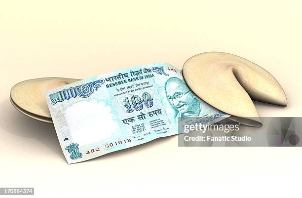 one hundred rupee note with fortune cookies - fortune cookie stock illustrations