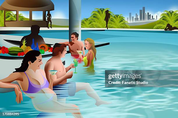 couples enjoying drinks in a swimming pool - bartresen stock-grafiken, -clipart, -cartoons und -symbole