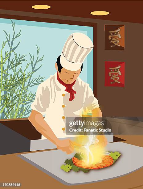 chef cooking food in a commercial kitchen - teppanyaki fire stock illustrations
