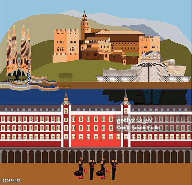 montage of the tourist attractions of spain with the traditional flamenco dancing - guggenheim museum stock illustrations