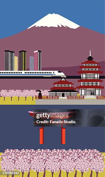 illustrations, cliparts, dessins animés et icônes de collage of tourist attractions in japan - pagode
