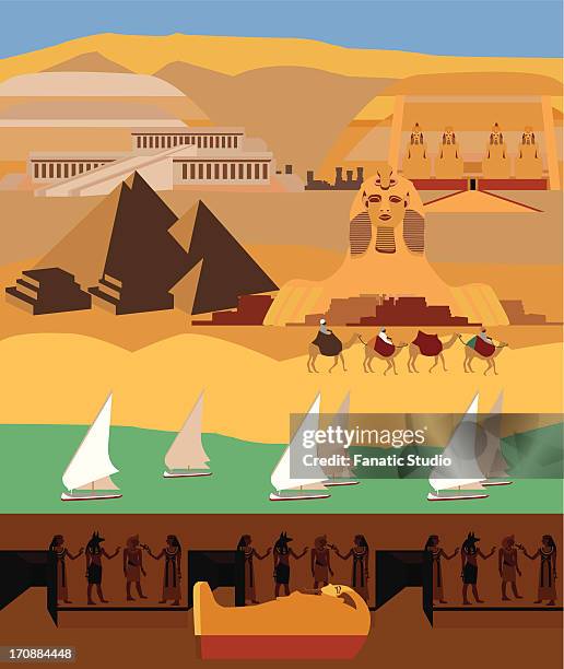 montage of the tourist attractions of egypt - tutankhamun stock illustrations